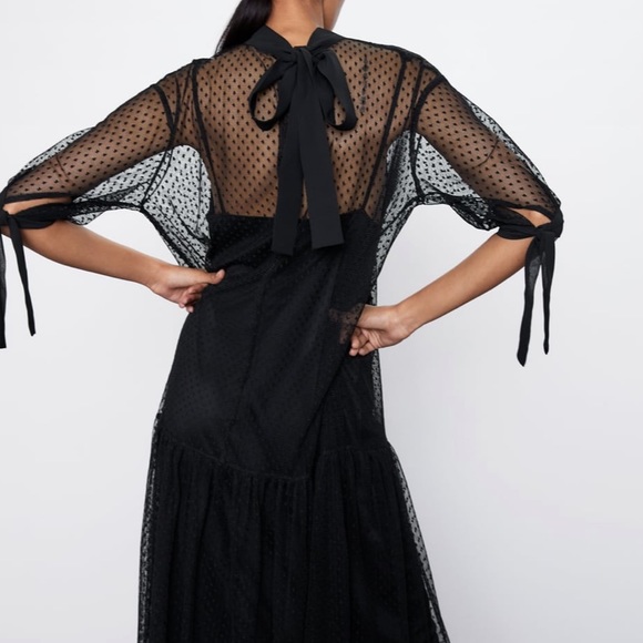 Zara Black Swiss Dot Midi Dress with Tie Dress - Picture 5 of 8